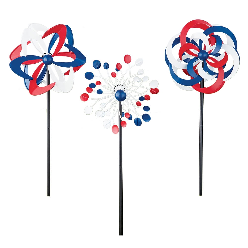 Patriotic Metal Wind Spinner Set of 2 America Flag Metal Pin wheel Garden Stake 