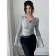 thumbnail image 5 of Camisetas de Punto Acanalado con Cuello Vuelto y Larga para Mujer, Tops Ajustados Fruncidos para Salir, Camisetas Básicas para Otoño Gris L, 5 of 9