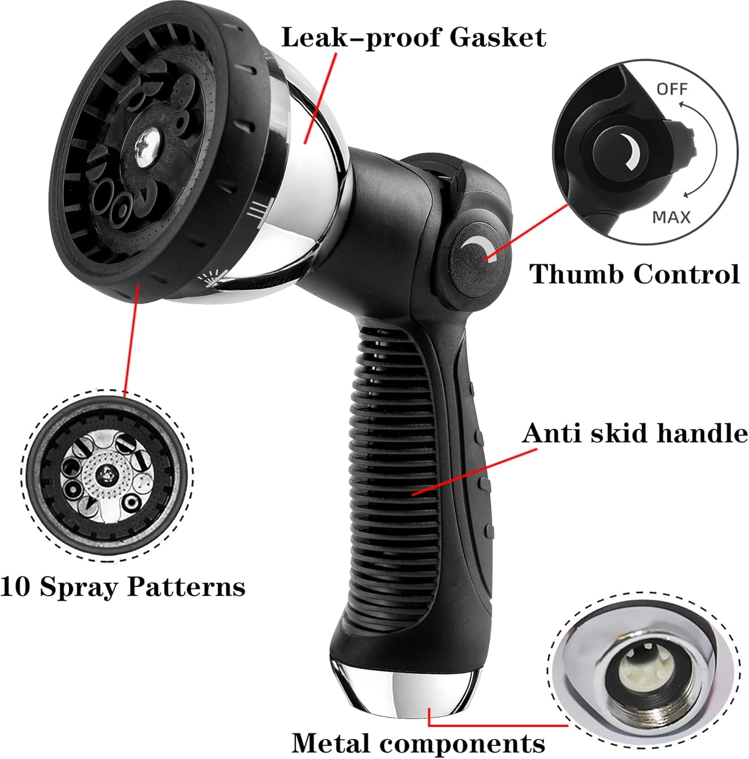 2-Pack Heavy Duty Metal Garden Hose Nozzle with Thumb Control, 10 Spray Patterns for Watering Plants, Car Washing, Pet Showering and Cleaning