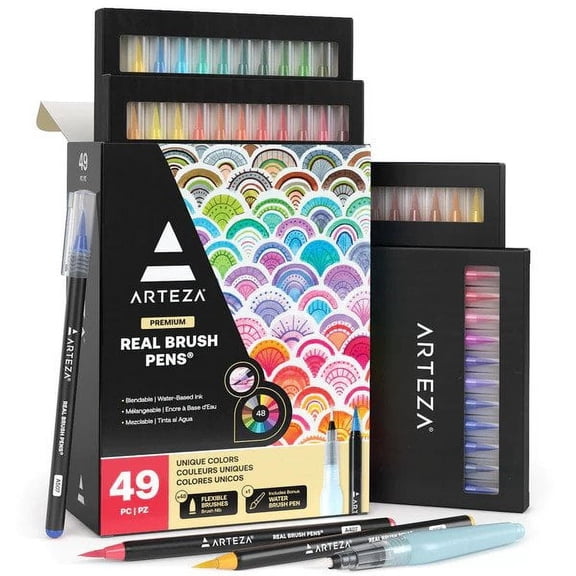 Arteza Blendable Ink Real Brush Tip Artist Brush Pens Set, Assorted Colors, Set of 48