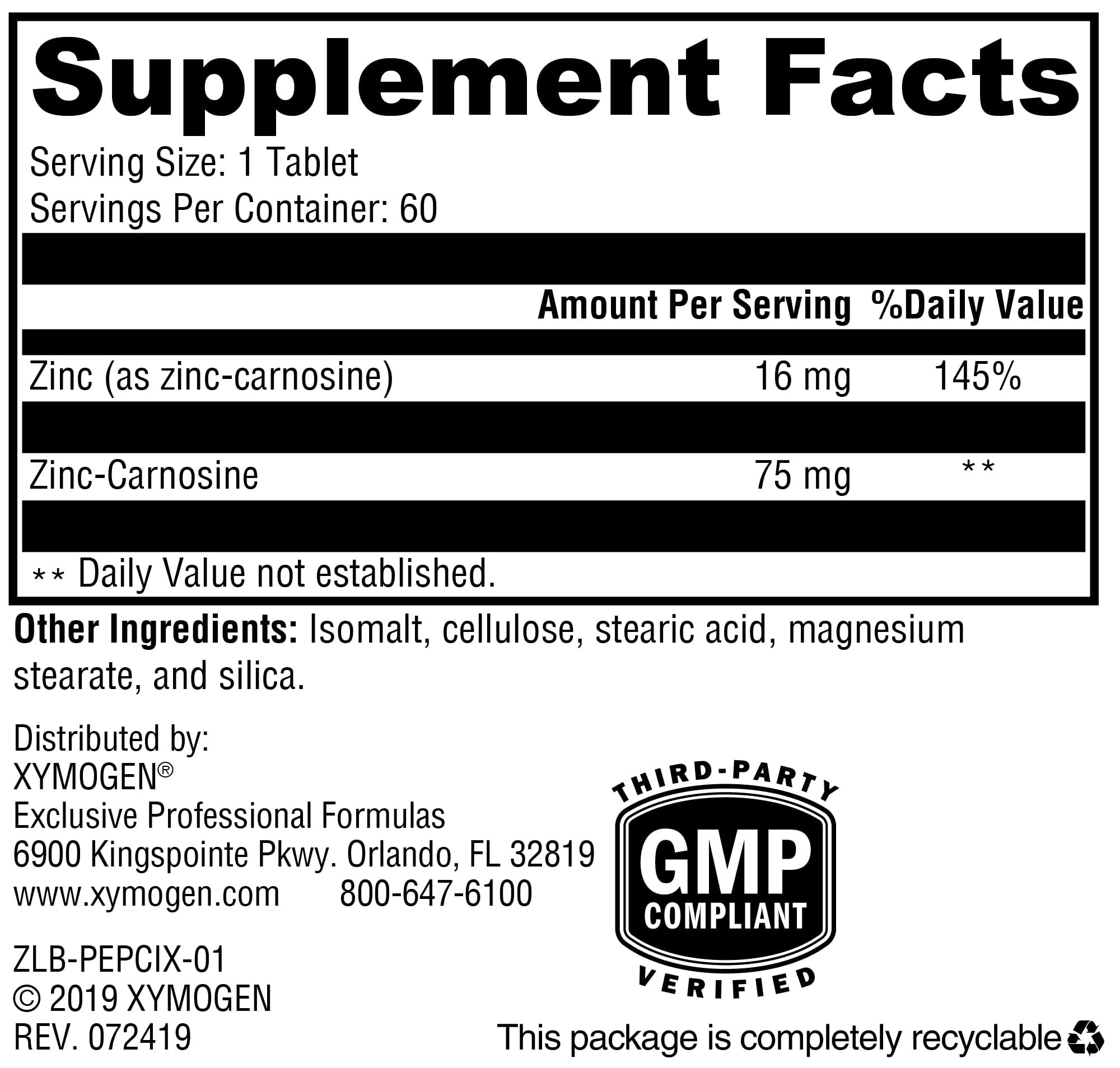XYMOGEN PepciX - 75mg Zinc L-Carnosine - Upper GI & Gastric Mucosa Support - Stomach Lining & Digestive Comfort - Vegan, Gluten-Free & Non-GMO - 60 Tablets