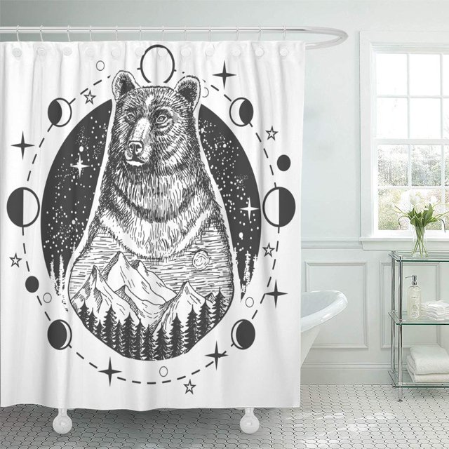 ABPHQTO Cortina de ducha con cabeza de oso tatuaje marrón combinado naturaleza en luna redonda 160x180 cm