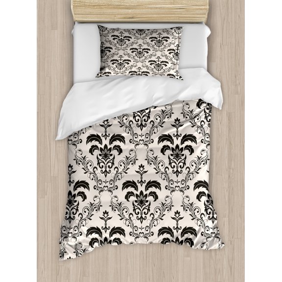 Abstract Duvet Cover Set Twin Size, Bicolored Floral Damask Inspired Ivy Botany Style Swirls Illustration, Decorative 2 Piece Bedding Set with 1 Pillow Sham, Champagne Dark Taupe, by Ambesonne