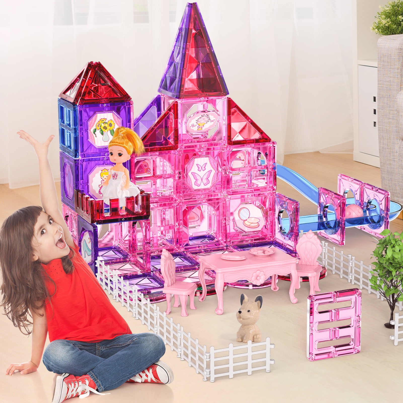 Lucky Doug 66 PCS Magnetic Tiles for Kids Girls, Construction STEM Building Blocks Educational Toy, Building Toys for Girls Ages 3+