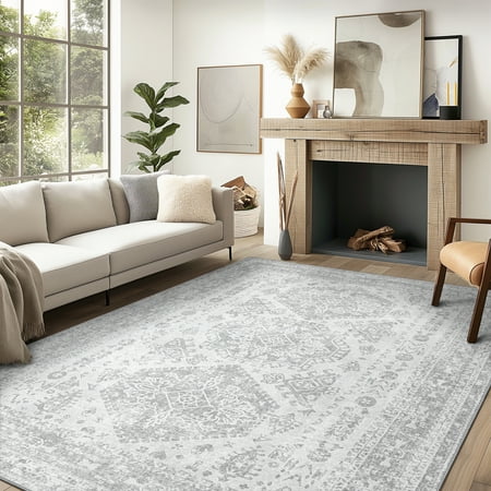 KUETH Area Rugs for Living Room 6x9 Machine Washable Bedroom Rugs Distressed Vintage Print Gray Large Throw Rug Dining Room Aesthetic  Non Slip Carpet with Gripper
