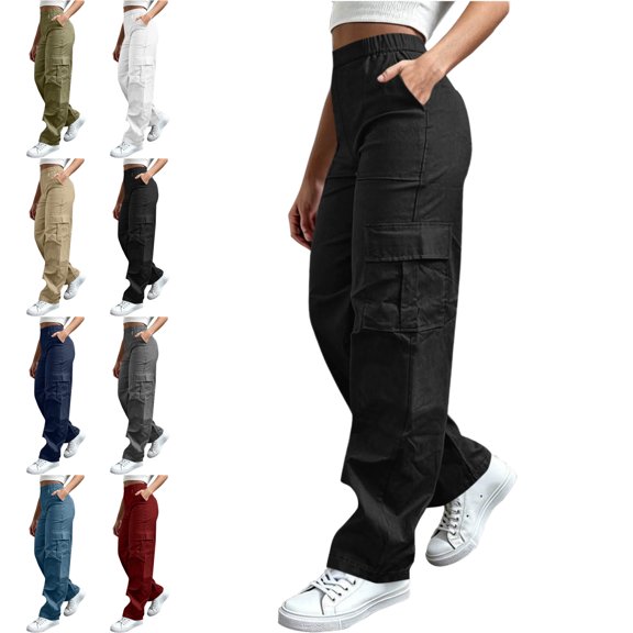 Outdoor Cargo Pants for Women Elastic Waist Multi Pocket Hiking Casual Solid Color Trousers