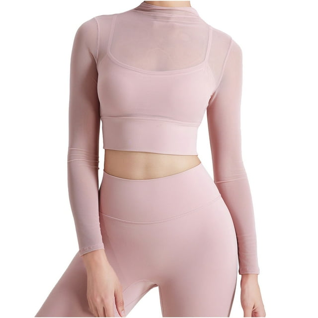 Traje de yoga de malla para mujer: top deportivo de manga larga con relleno en el pecho, secado rápido, ideal para correr o hacer yoga.