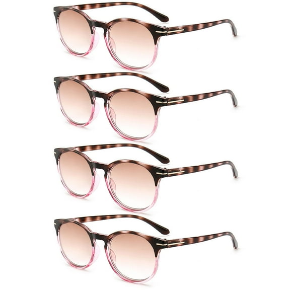 4 Pairs of Women Gradient Brown Reading Glasses 1.00, Tortoiseshell Pink Round Spring Hinge Blue Light Blocking Readers 1.00 Strength UV