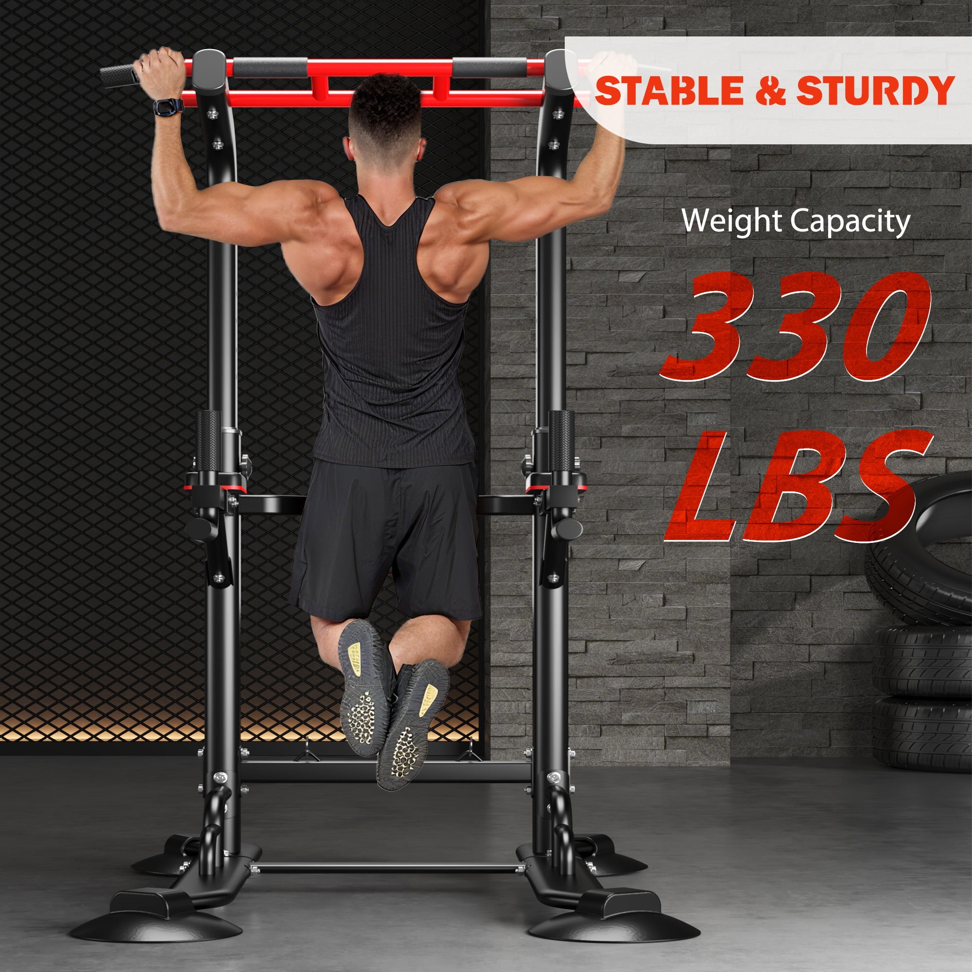 94.5"H Pull Up Bar and Dip Station with 2 Pull Rope, Heavy Duty 12 Adjustable Home Gym Equipment for Strength Training, Multifunctional Workout Bar – Full Body & Core Exercise 330LBS,Balck