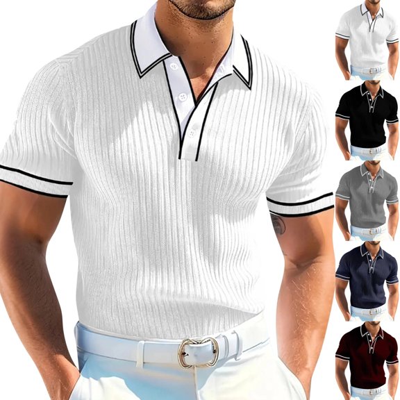 Men's Ribbed Knit Polo Shirt Short Sleeve Contrast Trim Collar Cuffs Button Placket Slim Fit Fashion Vintage Tops, #01 White, L