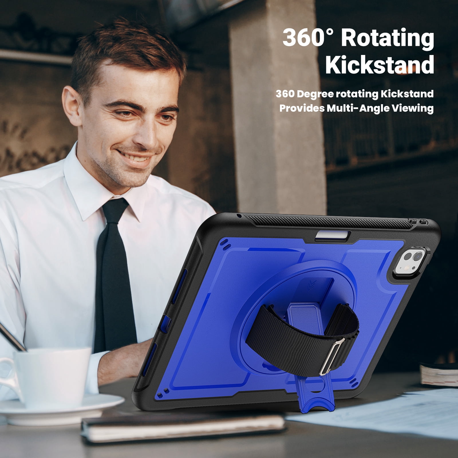 ELEHOLD Case for Apple iPad Pro 11 2024,Soft TPU Rugged Durable Case with 360° Rotating Hand Strap & Foldable Hidden Stand & Pencil Holder,Darkblue