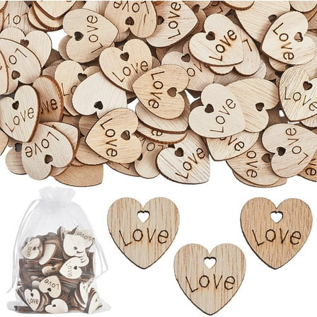 200Pcs Wooden Hearts with The Word Love Wood Heart Tokens and 3Pcs White Organza Bags Valentine Wooden Craft Keepsake for Wedding Guest Book Birthday Party Supplies Centerpieces Table Decor