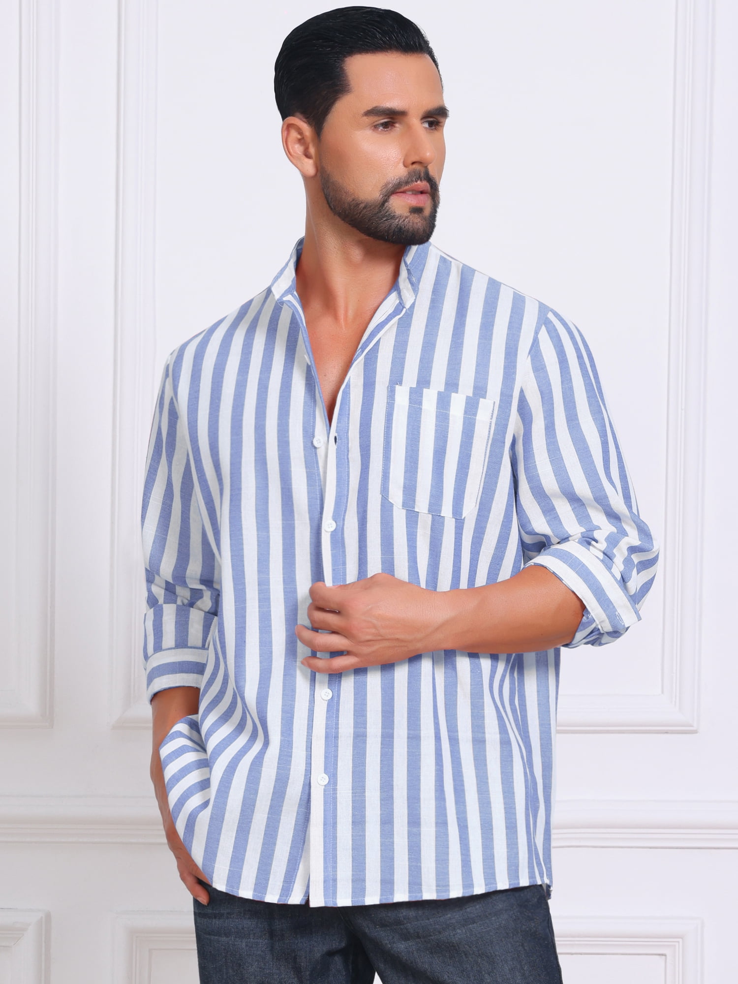 DARING DIVA Men's Striped Stand Collar Long Sleeve Button Down Shirt 2XL Light Blue