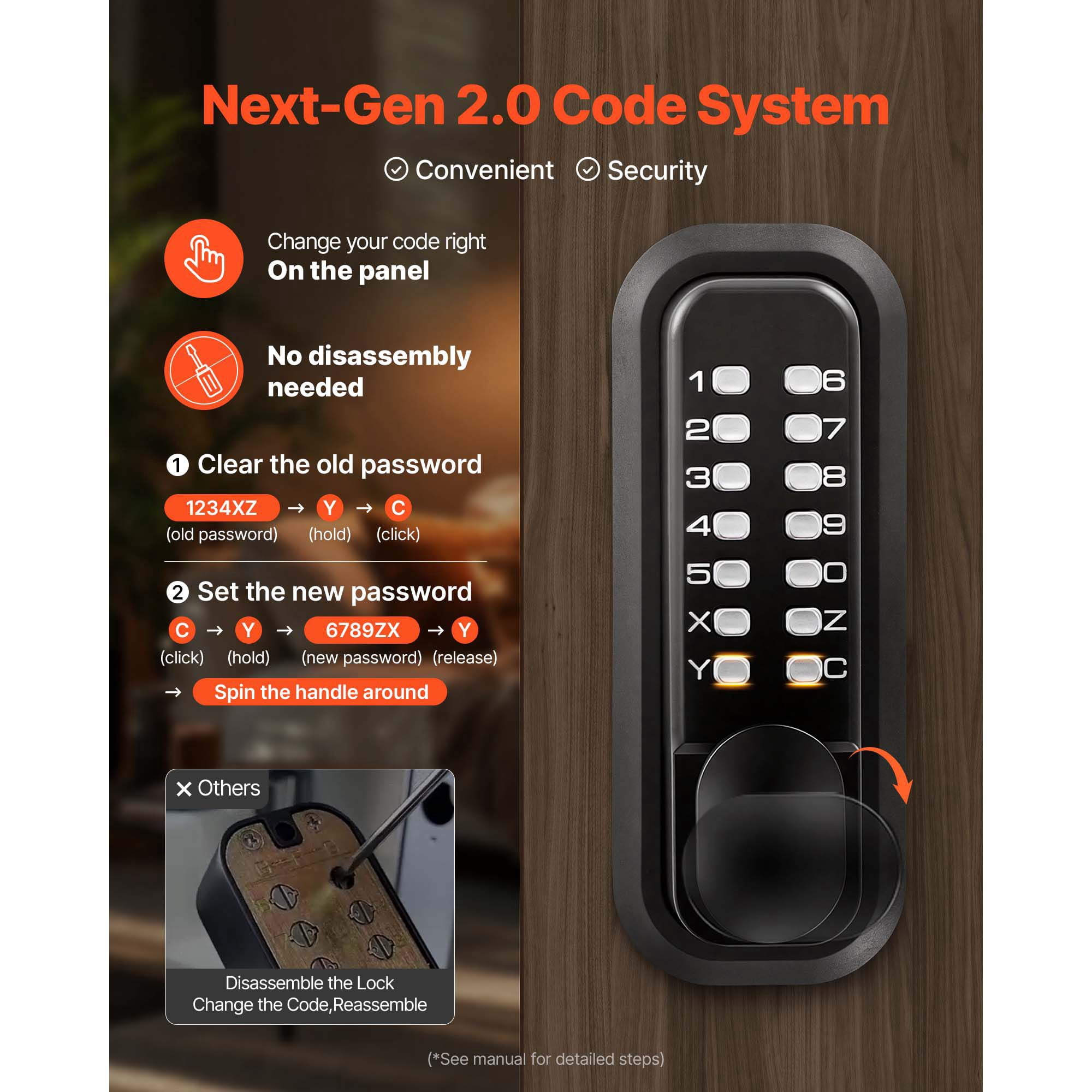 Mechanical Keyless Door Lock Gen2 Single-Sided 4-7 Digit Code No Batteries 1.4-2.5 Inch Door Thickness for Front Gate Garden Garage