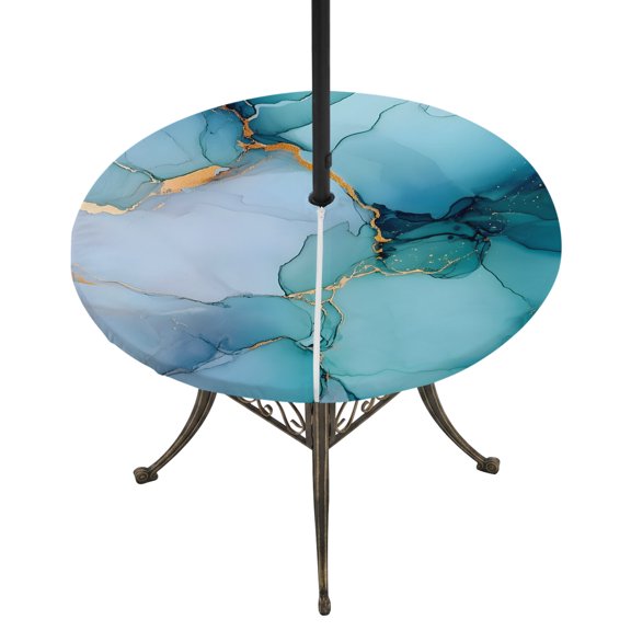 Teal Blue Marble Round Outdoor Tablecloth with Umbrella Hole Zipper, Modern Abstract Art Marble Crack Elastic Fitted Table Cover, Waterproof Table Cloth for Patio Picnic Party Fits 31"-35"