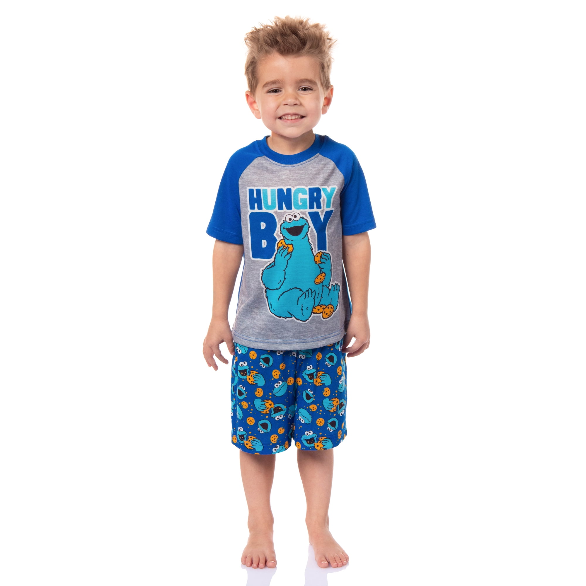 Sesame Street Toddler Boy's Cookie Monster Hungry Boy 2PC Raglan Short-Sleeve Shirt Pajama Short Set Sleepwear Lounge