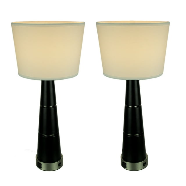 Set of 2 Black Tapered Table Lamps With Built-In Power Outlets