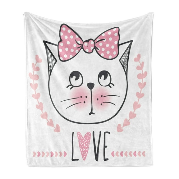 Kitty Soft Flannel Fleece Throw Blanket, Layout of Love Typography with a Charming Kitten and Hearts, Cozy Plush for Indoor and Outdoor Use, 60" x 80", Pale Pink Dark Blue Grey, by Ambesonne