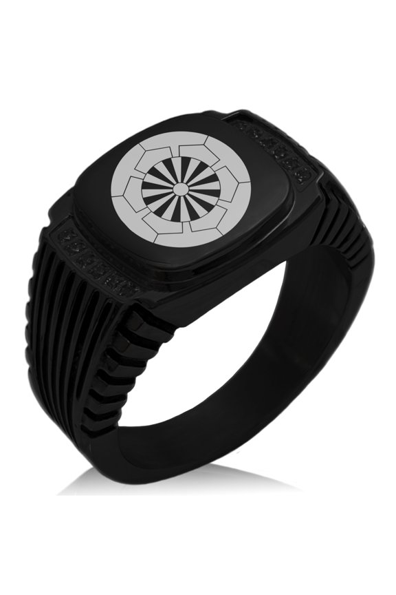 Stainless Steel Sakakibara Samurai Crest CZ Ribbed Needle Stripe Pattern Biker Style Polished Ring