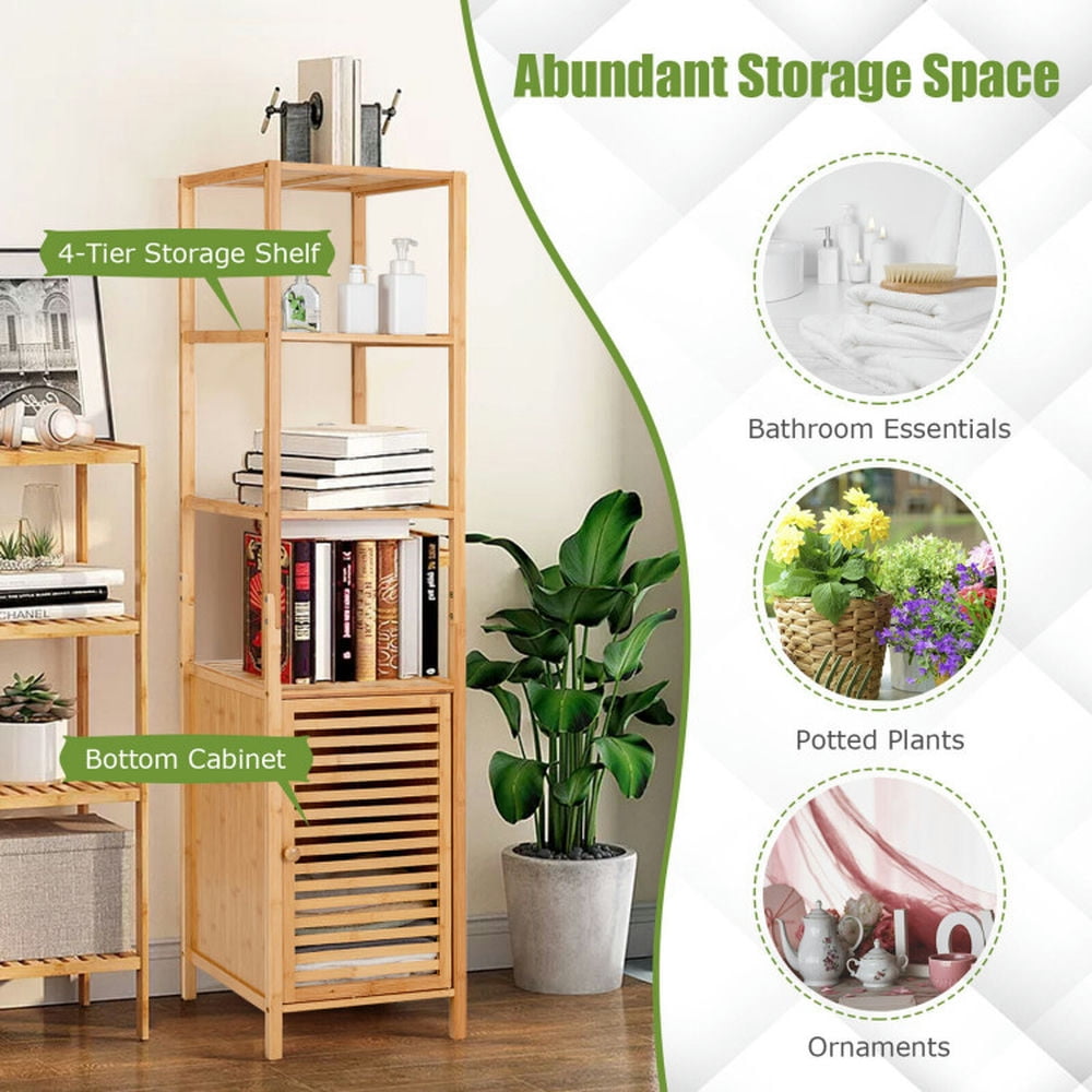 Finihen Storage Cabinet, Floor Cabinet, 4 Tiers Slim Bamboo Floor Storage Cabinet with Shutter Door and Anti-Toppling Device, for Bathroom, Living Room, Bedroom, Kitchen, Natural