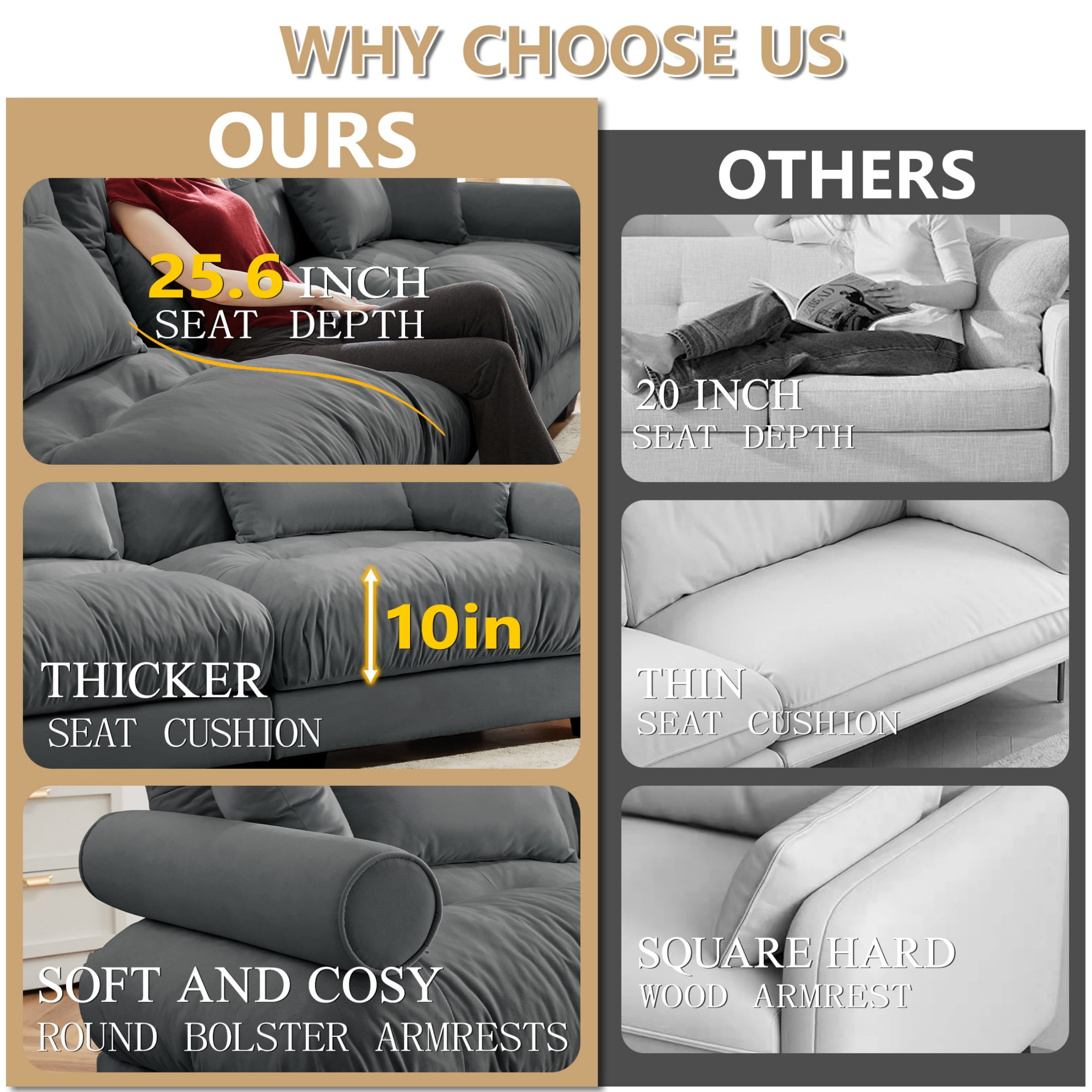 Amuille 130" Modular Sectional Sofa Velvet L Shaped Cloud Couch with Movable Ottomans, Deep Seat Couch for Living Room, with Pillows, Gray