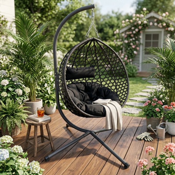 Folding PE Rattan Hanging Egg Chair with Stand, Gray Indoor Outdoor Hammock Swing Basket Chair, Aluminum Steel Frame for Patio Balcony Backyard Bedroom