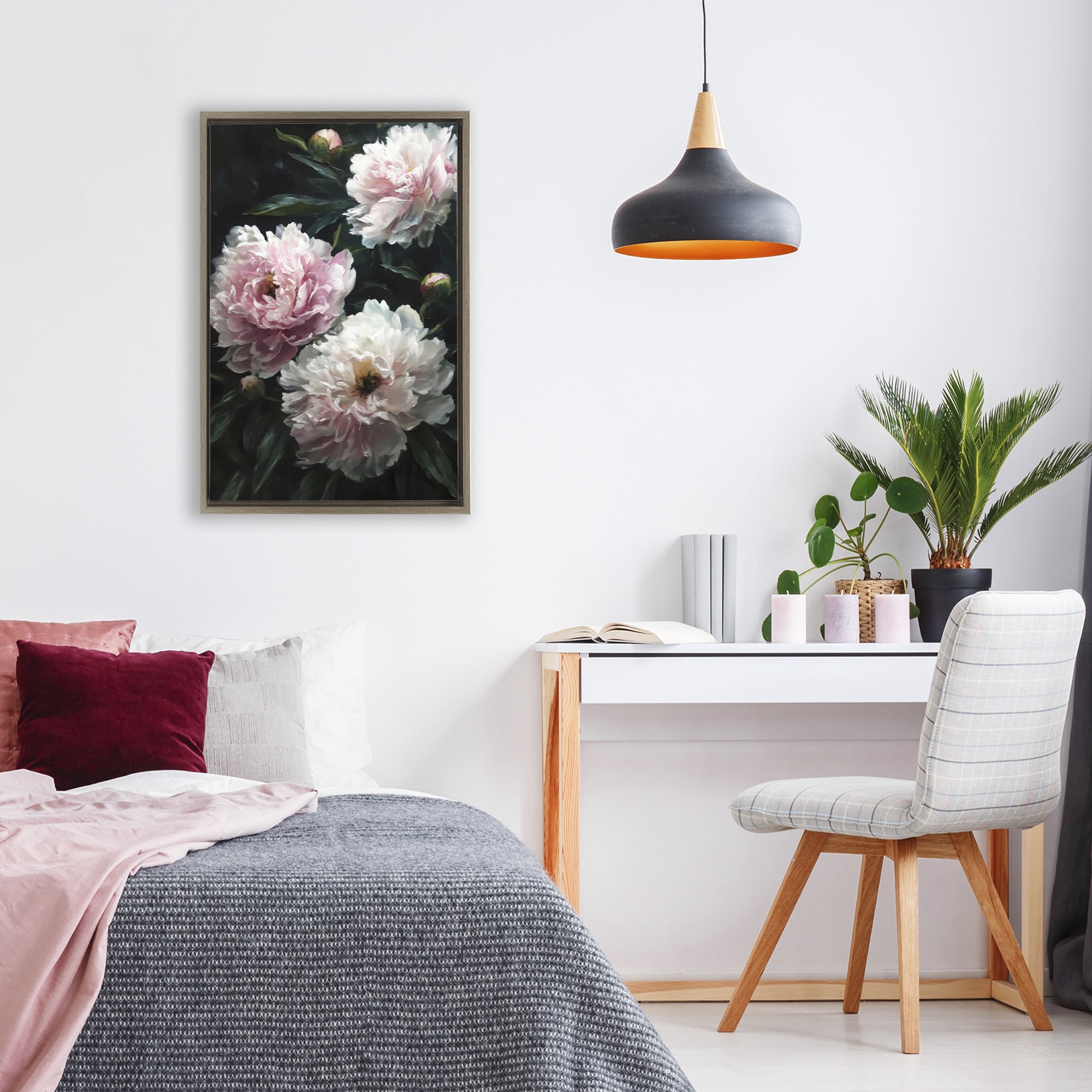 Stupell Industries Soft Pink Peony Garden Brown Framed Floater Canvas Wall Art, design by Petal Prints Design