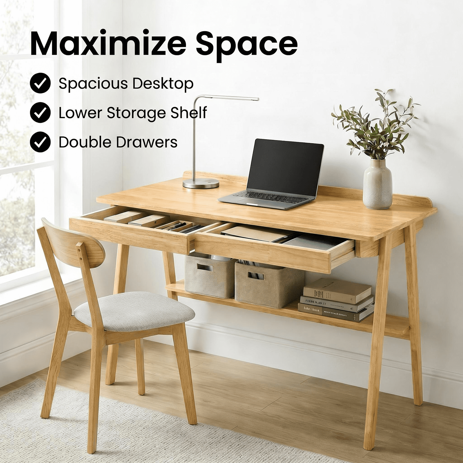Solid Wood Writing Desk, Mid Century Modern Home Office Desk with 2 Drawers, Storage Shelf and Side Hooks, Wooden Study Desk for Bedroom Small Spaces