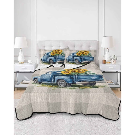 Quilts King Size, Blue Truck Yellow Sunflower Soft Comforter Bedding Set for Bed, Summer Grey Plaid Vintage Lightweight Quilted Bedspread with Pillow Cover(2 Pieces) for All Season, 96x106 Inch