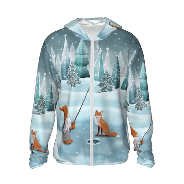 Fotbe Gnome And Red Fox Fishing Chaqueta con Protección Solar UPF 50+ para Hombre y Mujer, Camisa con Capucha y Bolsillos-Large