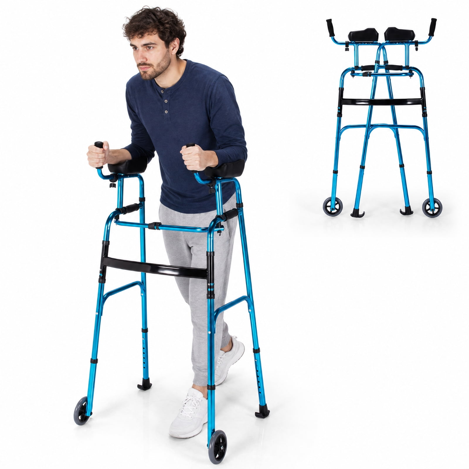SUGIFT Folding Adjustable Walking Frame with Wheels and Armrest Support, Lightweight Aluminum Mobility Walker with Padded Forearm Rests for Seniors, Navy