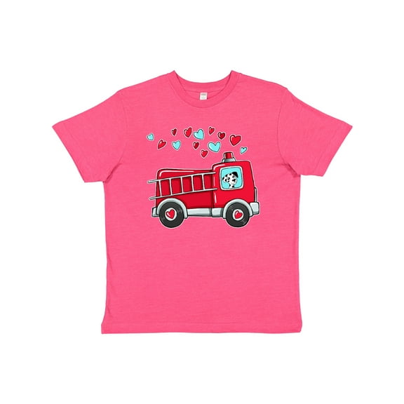 Inktastic Valentine Fire Truck with Cute Dalmatian and Hearts Youth T-Shirt