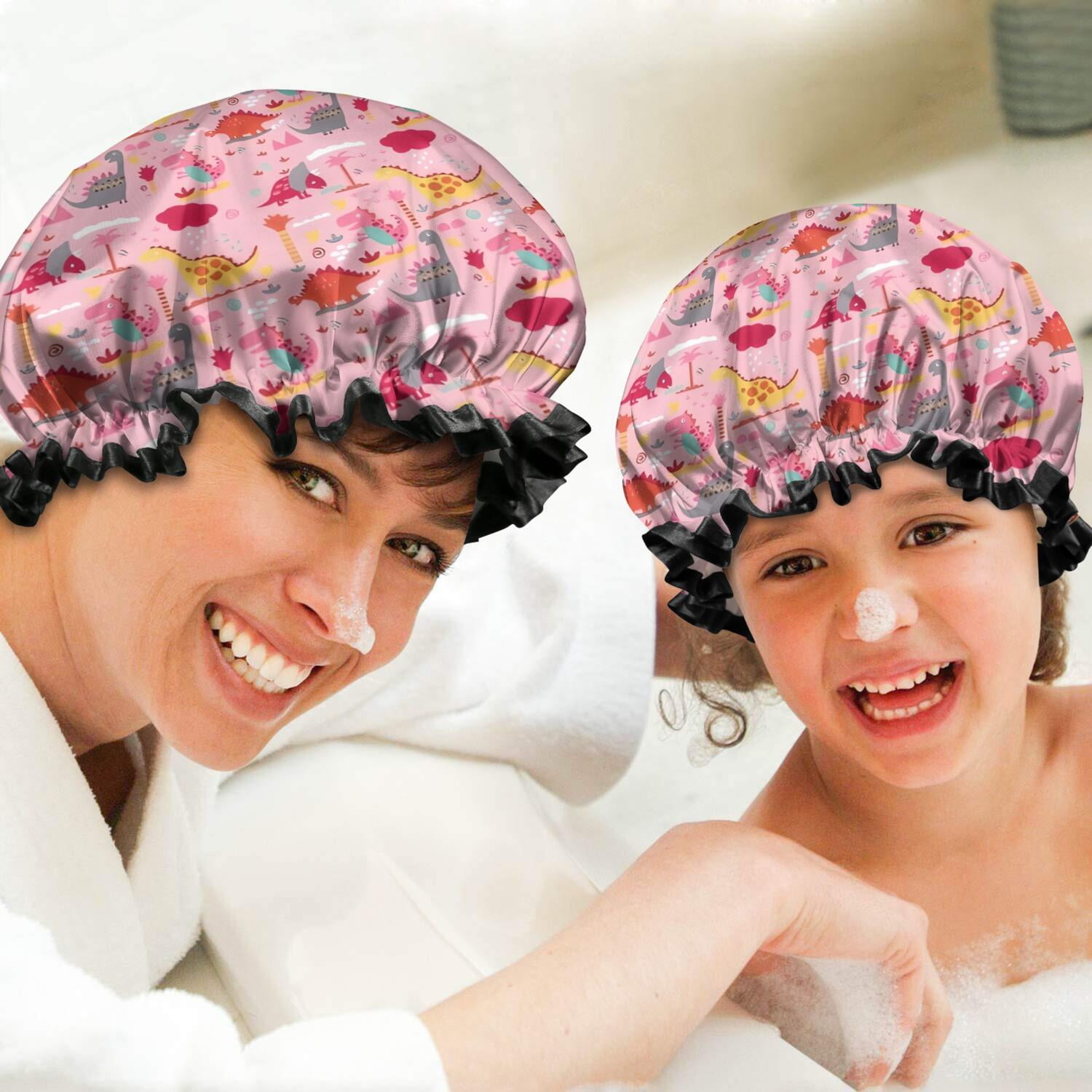 Shower Caps,Pink Cartoon Dinosaurs Landscape Pattern Waterproof Shower Cap for Women 4 Pieces,Double Reusable Hair Cover for Shower PEVA Elastic Stretch Hem