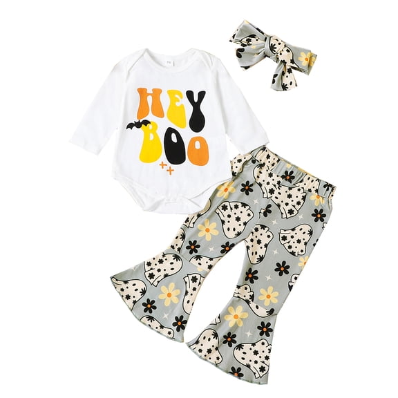 Wassery 2PCS Baby Girl Fall Outfits Set Long Sleeve Letter Print Romper Tops  Bell Bottoms   Headband Set 6 12 18 24 Months Infant Halloween Clothes