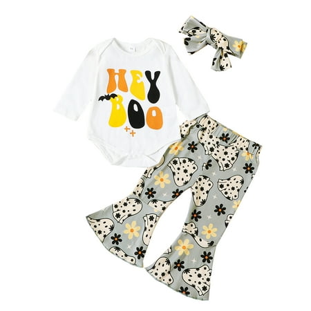 

Canis Letter Print Romper and Flared Pants Headband Set for Newborn Halloween