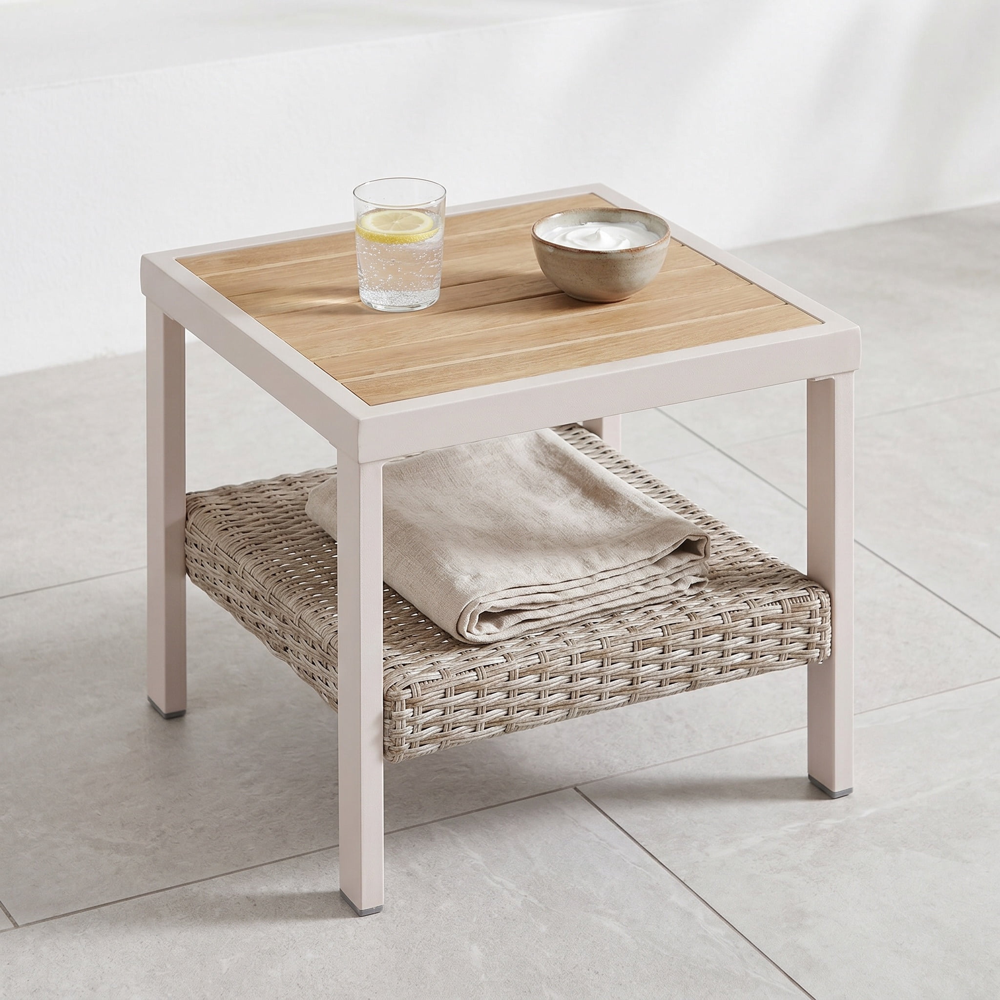 Nordic Hygge Minimalist Modern Patio End Table – Rust-Resistant Powder-Coated Finish – Bone