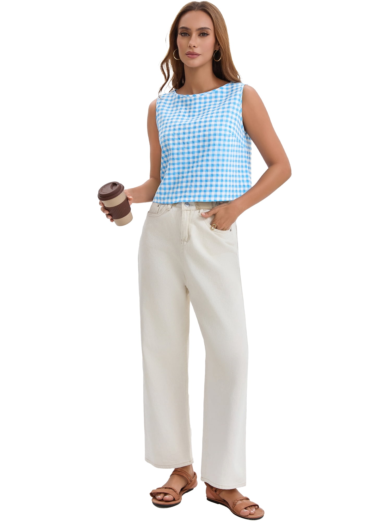 DARING DIVA Women's Gingham Summer Crop Tank Tops Button Back Sleeveless Shirts L Blue