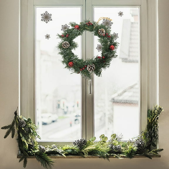 HongHeng 7.8" Christmas Wreath, Christmas Decor, Christmas Door Wreath, Lighted Pine Christmas Wreath, Flocked Tips Pine Red Berry Wreath, Holiday Décor