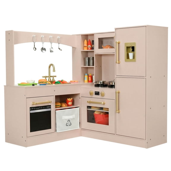 TLSUNNY Toddler Corner Wooden Play Kitchen, Ultimate Pretend Cooking Toy Playset w/Utensils, Oven, Microwave, Stove, Water Dispenser & Storage, Gift for Kids 3