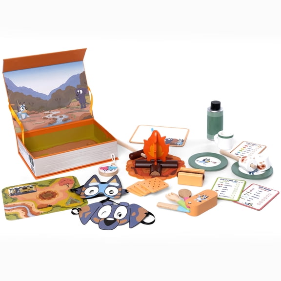 Bluey: Wooden Camping Playset - 31pc Outdoor Adventure Roleplay Toy, Map & Compass Activities, Fire & Roasting Accessories, Character Masks, Kids 3 