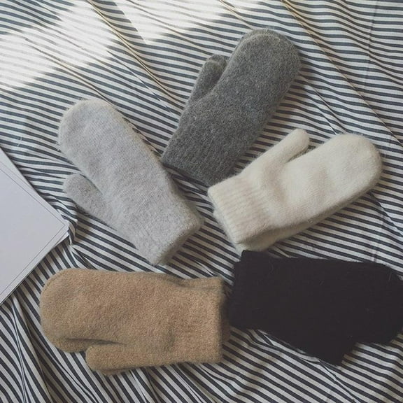 HEVIRGO 1 Pair Women Winter Mittens Faux Rabbit Fur Fleece Solid Color Knitting Elegant Keep Warm Elasticity Full Fingers Skiing Mittens for Daily Wear