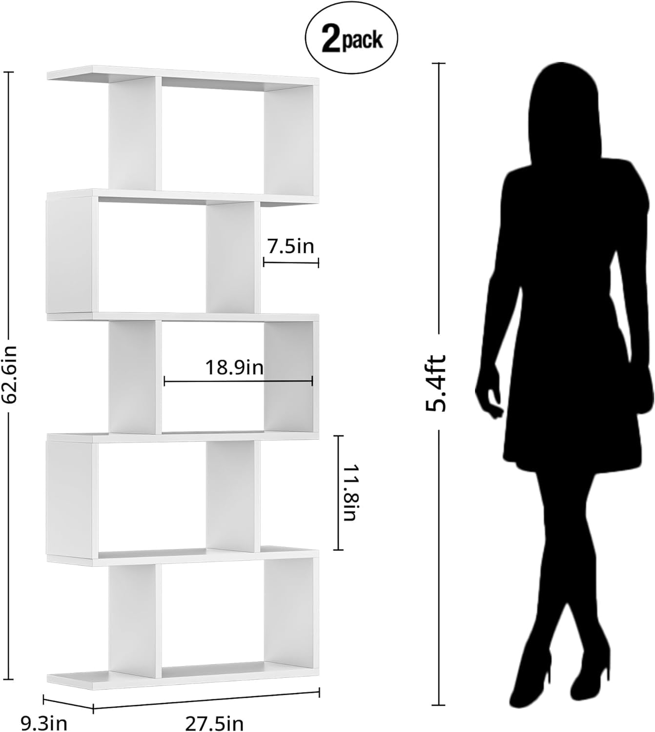 DIYART White 5-Tier Geometric Bookcase, S-Shaped Modern Bookshelf set of 2