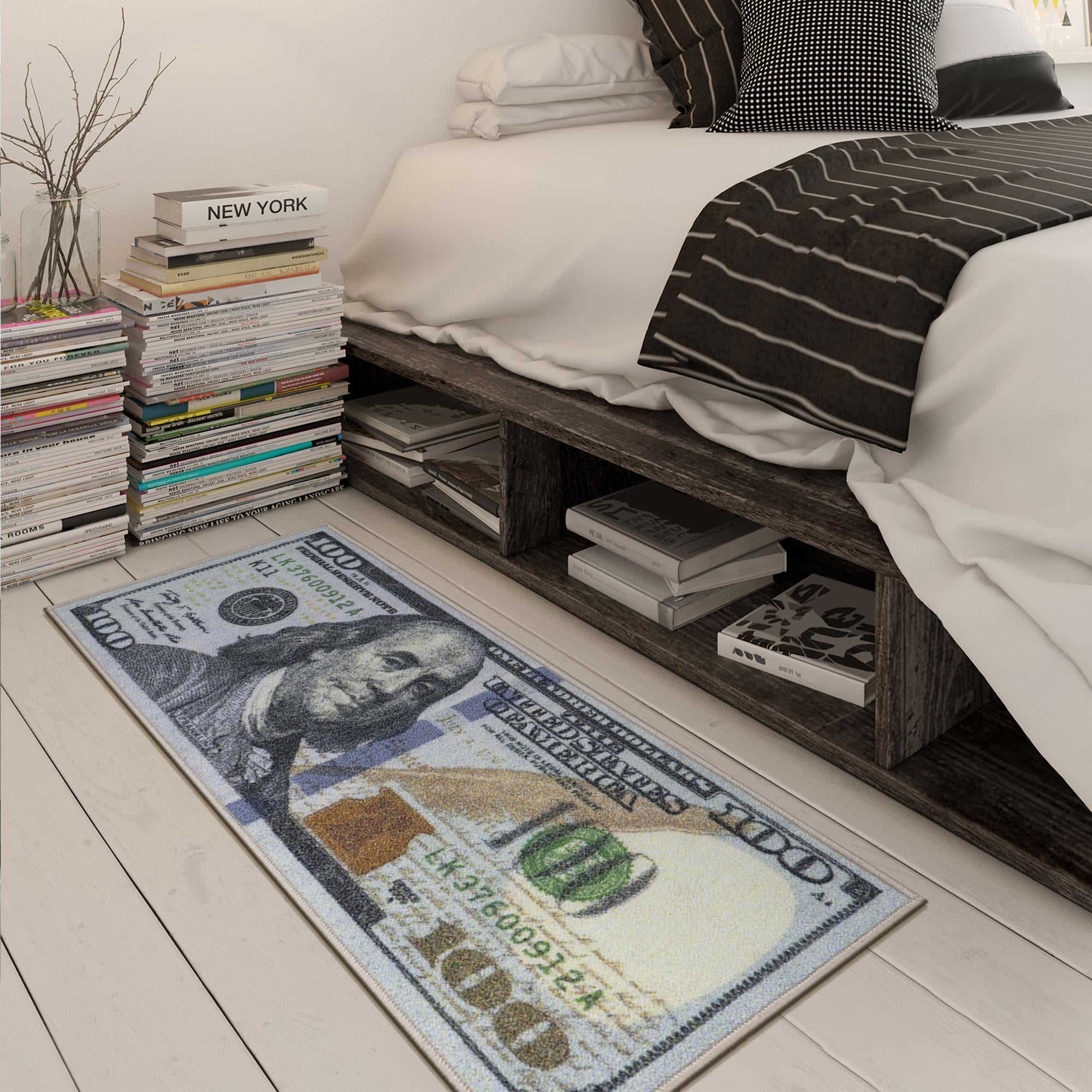 Ottomanson Machine Washable 100 Dollar Bill Non-Slip Rubberback 20x53 Money Rug, 20" x 53", Blue/Multicolor