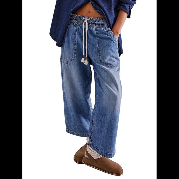 Pantalones Vaqueros Estilo Barril para Mujer, Informales, Anchos, Elásticos, de Tiro Medio, Estilo Boyfriend, Y2k, Holgados, con Cordón. Azul Profundo L