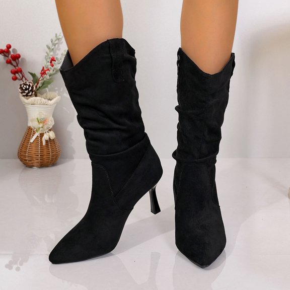 Roncen Women's Suede Wide Fit Pointed Toe High Heel Fashion Boots - Comfortable Edgy Crinkle Detail Mid-Calf Boots for Fall/Winter