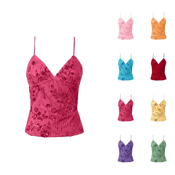 Sparkly Sequin Tank Tops for Women Elegant Floral Sequins V Neck Spaghetti Strap Backless Camisole Top Y2k Going out Tops