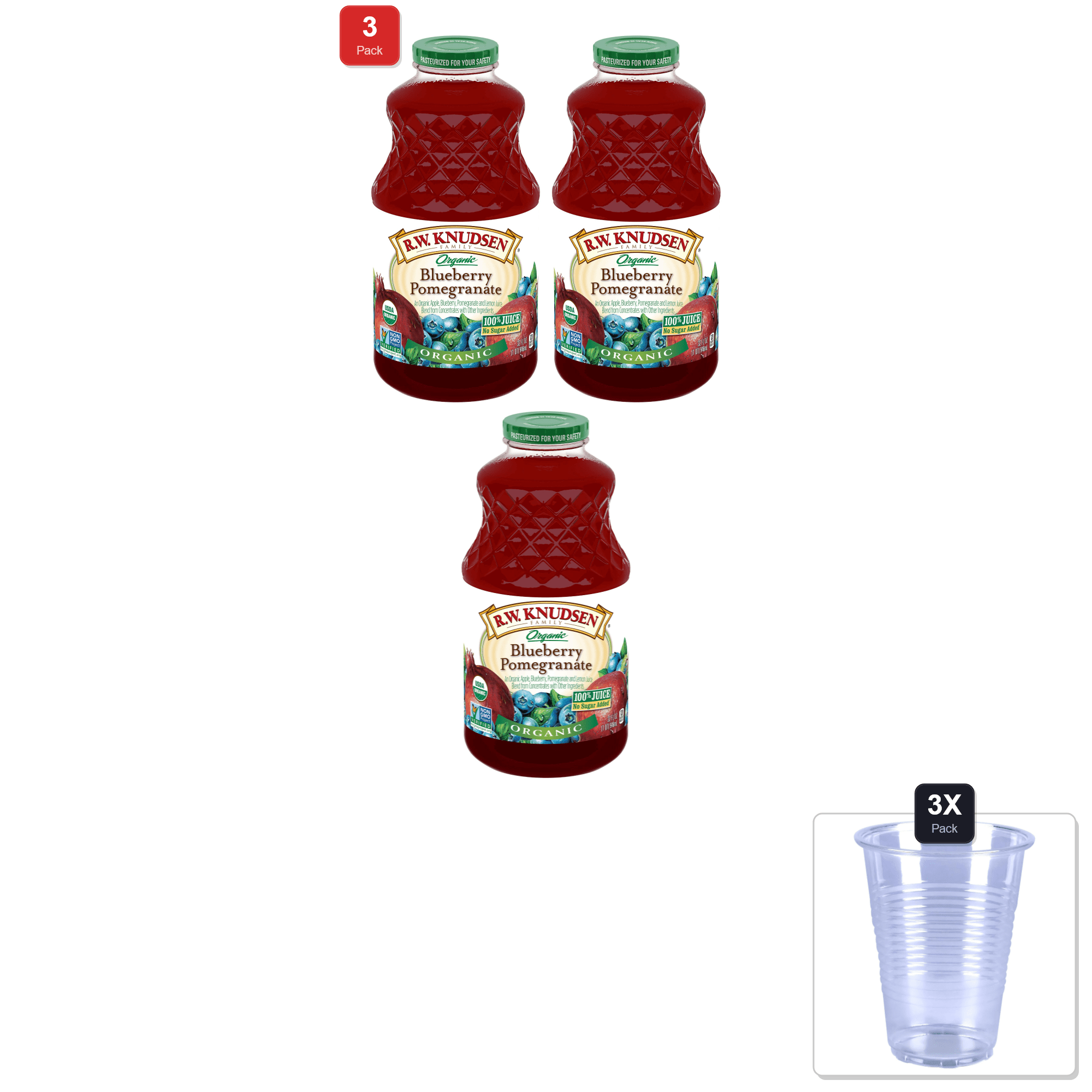 3 Pack | R.W. Knudsen Organic Blueberry Pomegranate Juice, 32 Fz & 3x Disposable Cup
