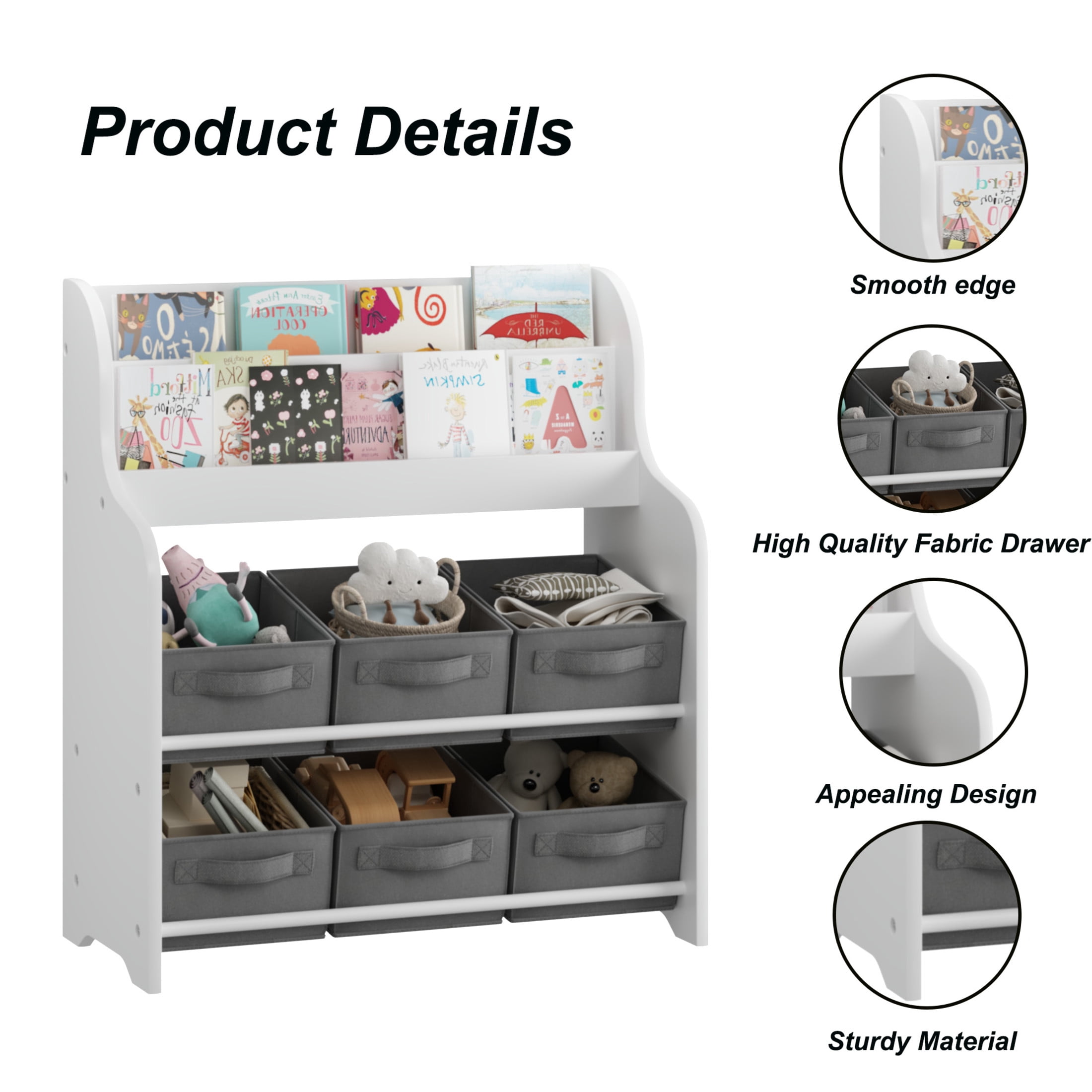 Noble House Kids Bookshelf with Fabric Bins, Front-Facing Book and Toy Organizer for Nursery or Playroom, White & Gray