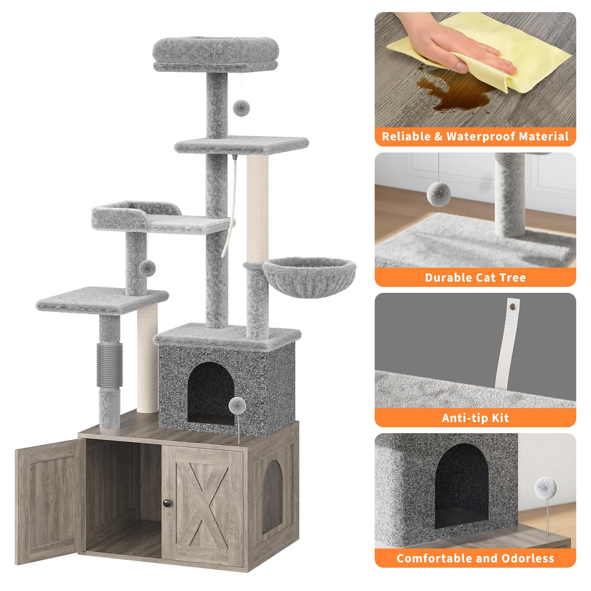 Cat Tree with Litter Box Enclosure, 2-in-1 Modern Cat Tower with Scratching Posts, Multiple Platform and Large Condo, Multilevel Indoor Kitten House, Gray