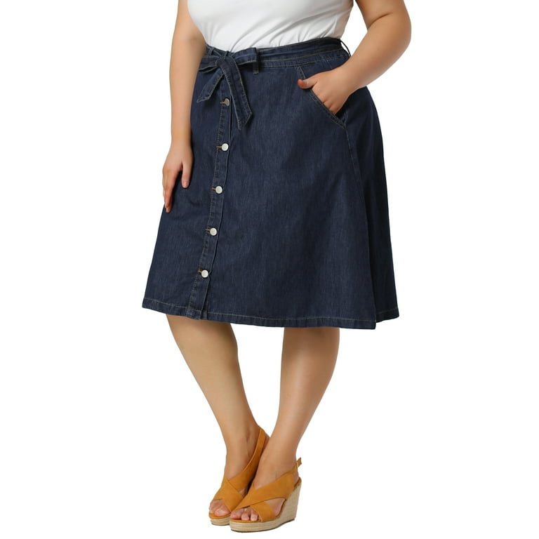 Unique Bargains Women s Plus Size Outfits Tie Waist Button Front Midi Denim Skirt Walmart